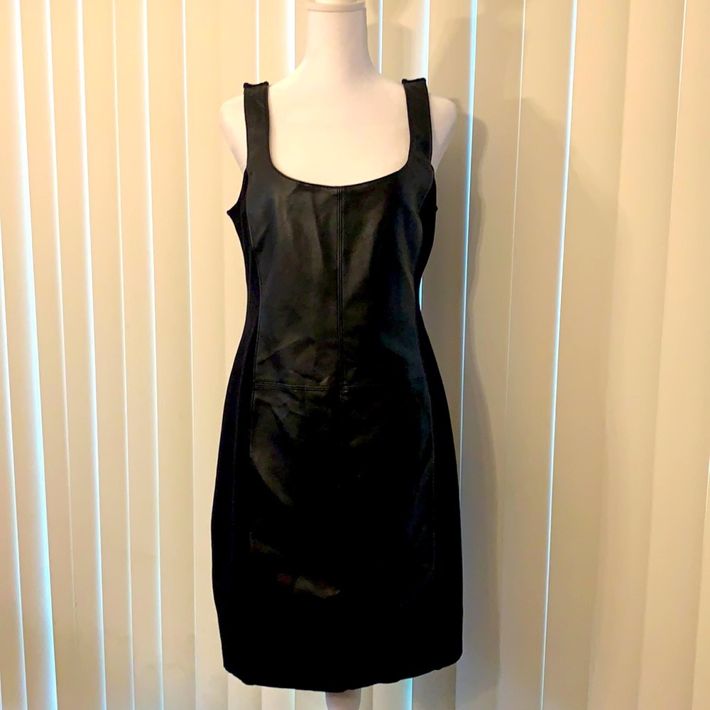 Black knit dress with leather front panels